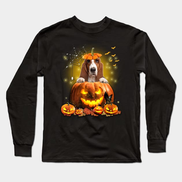 Basset Hound Spooky Halloween Pumpkin Dog Head Long Sleeve T-Shirt by Red and Black Floral